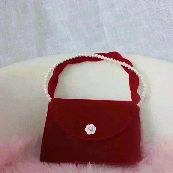 Burgundy Velvet Faux Pearl Handle Handbag - Picture 2 of 6